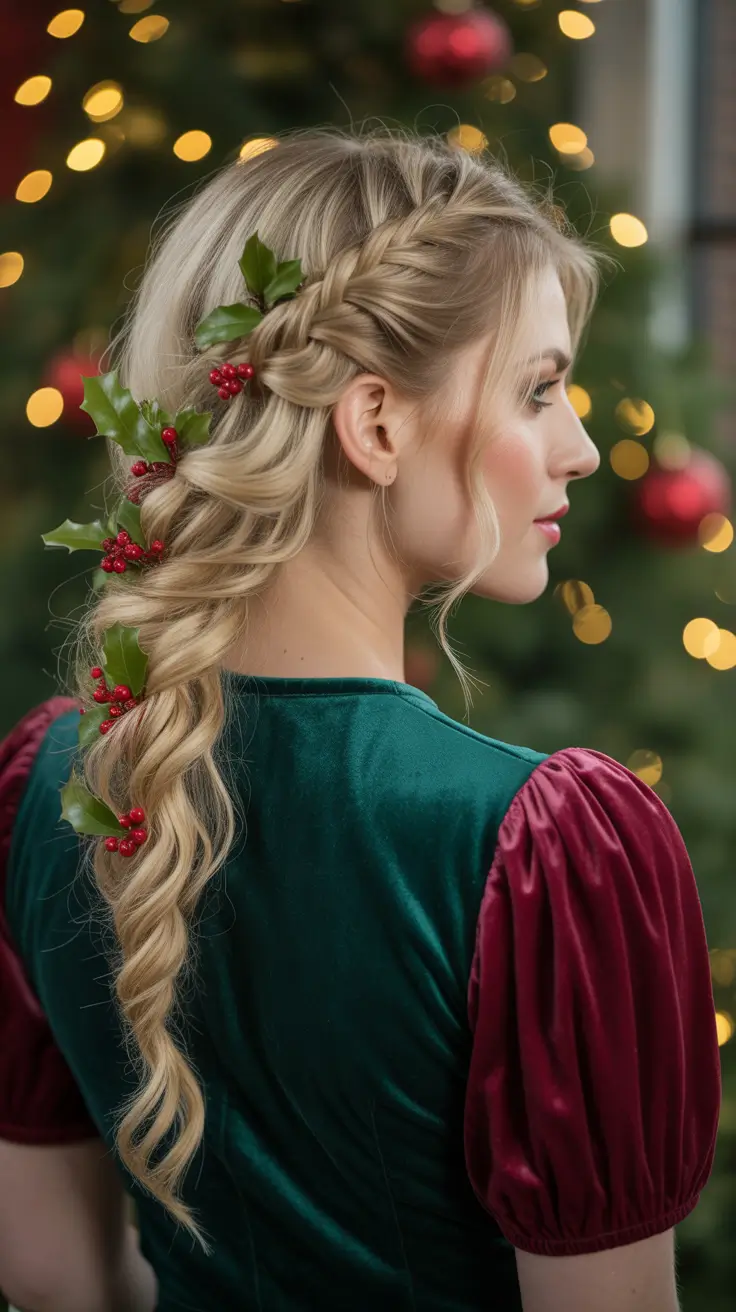 Christmas Hairstyles 2025 - Holly-Trimmed Side Braid