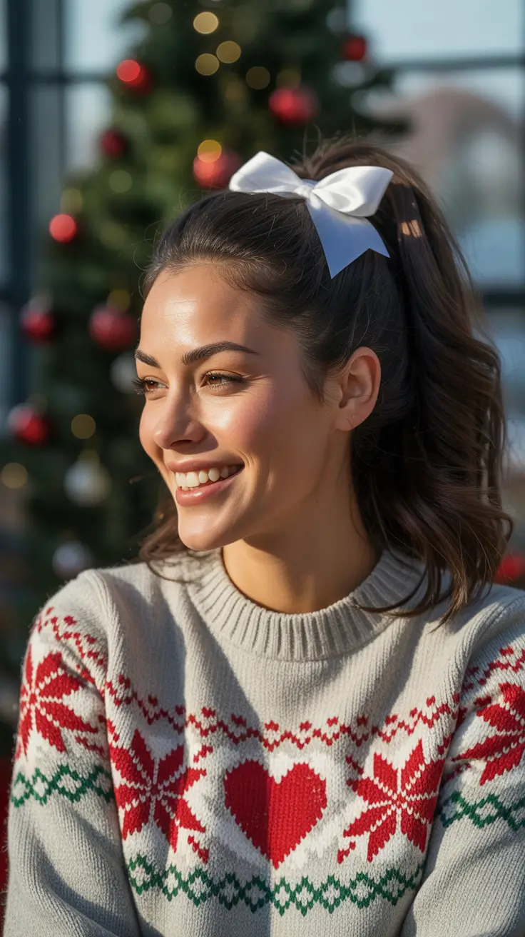 Christmas Hairstyles 2025 - Soft High Pony With Satin Bow