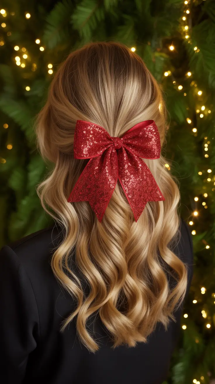 Christmas Hairstyles 2025 - Glam Half-Up Waves With Sparkle Bow