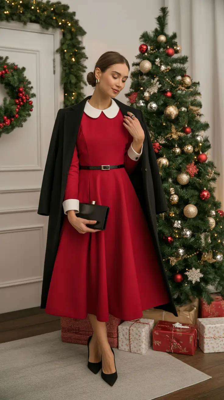 Christmas Outfits 2025 - Polished Red Midi with Contrast Collar and Black Topper