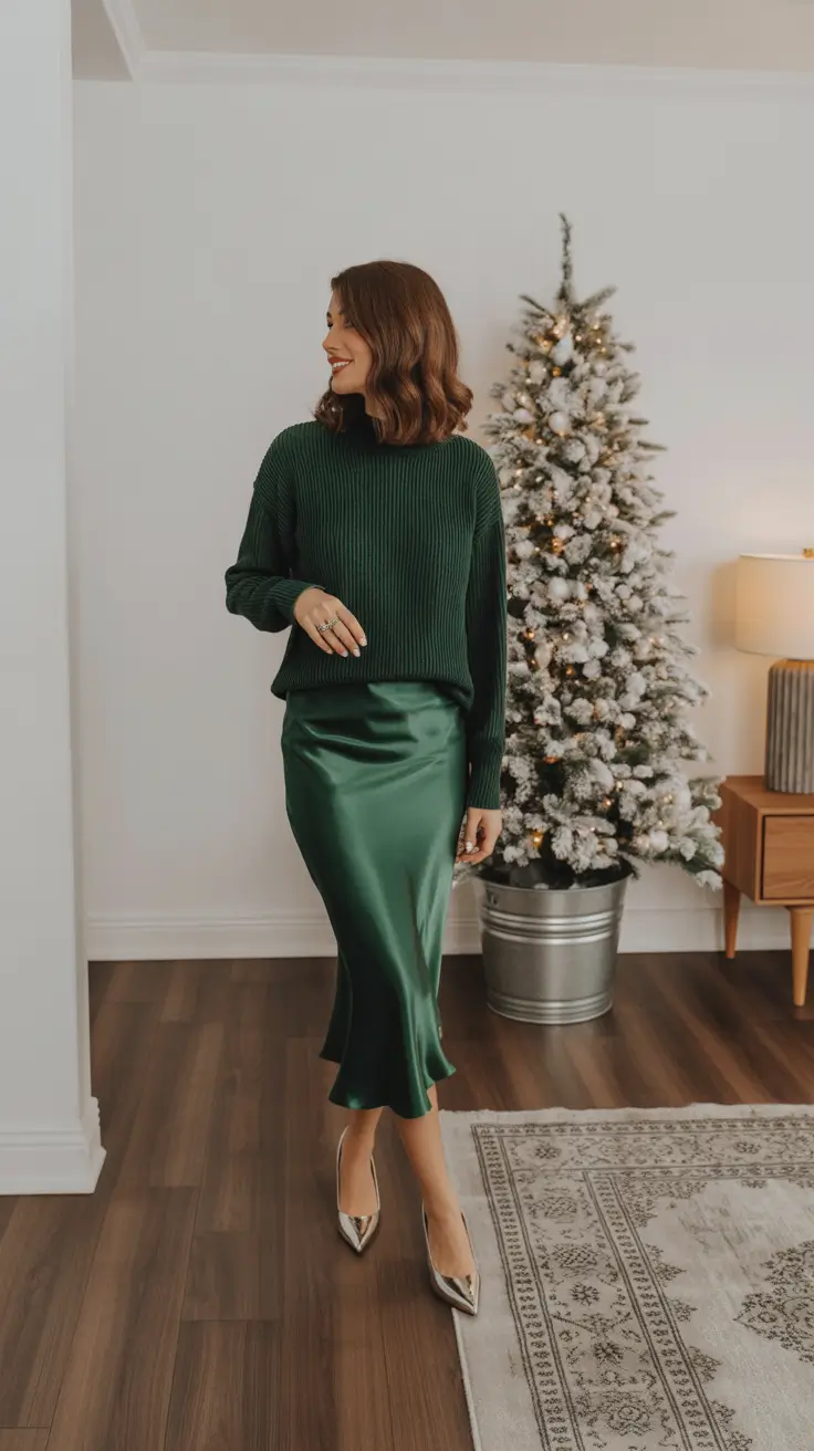 Christmas Outfits 2025 - Emerald Knit With Fluid Satin Slip Skirt