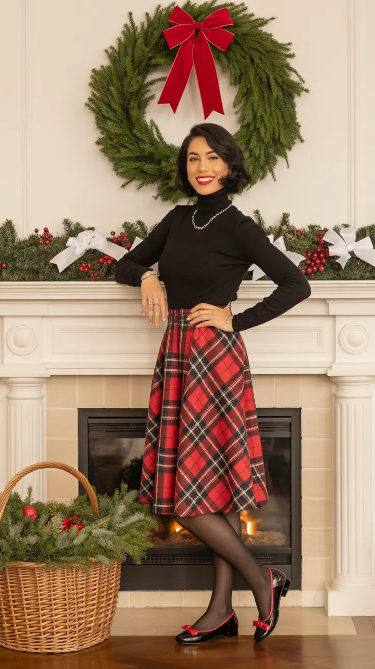 Christmas Outfits 2025 - Classic Tartan Midi with a Black Turtleneck