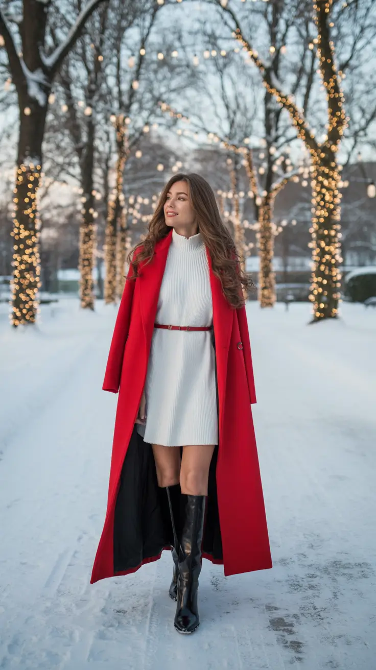 Christmas Outfits 2025 - Winter-White Mini With Scarlet Maxi Coat