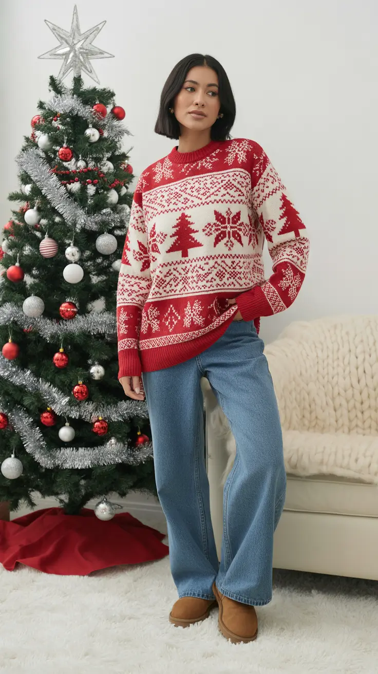 Christmas Outfits 2025 - Relaxed Fair Isle Knit with Wide-Leg Denim