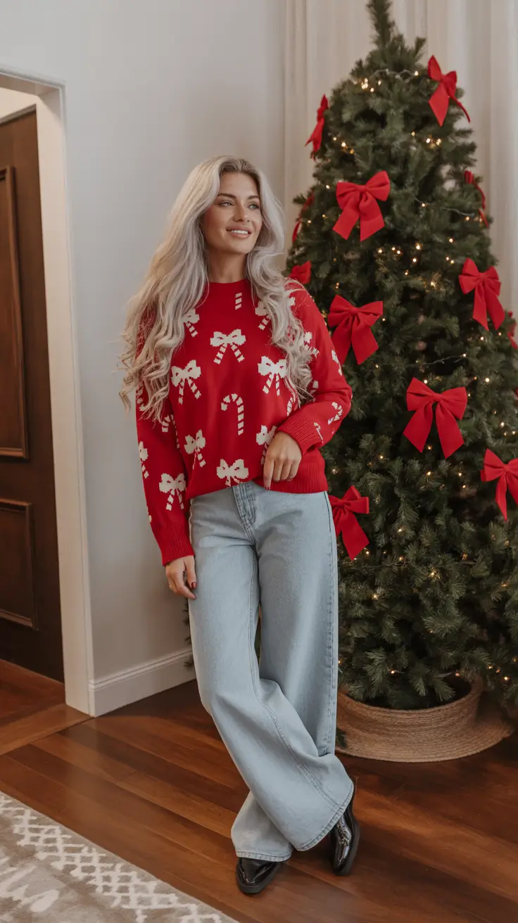Christmas Outfits 2025 - Candy-Cane Bow Sweater with Easy Wide-Leg Jeans