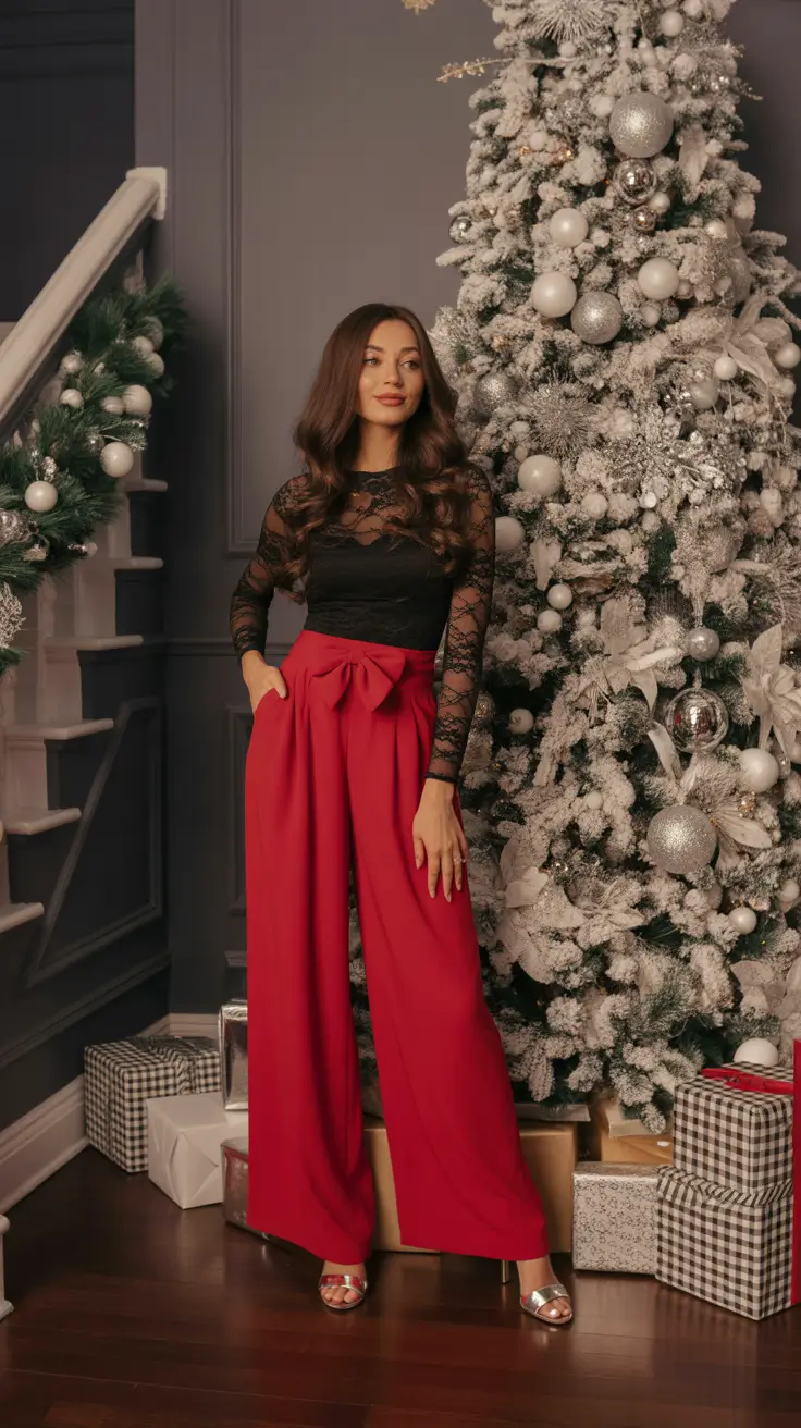 Best Christmas Party outfits 2025 - Lace Top & Red Bow Trousers