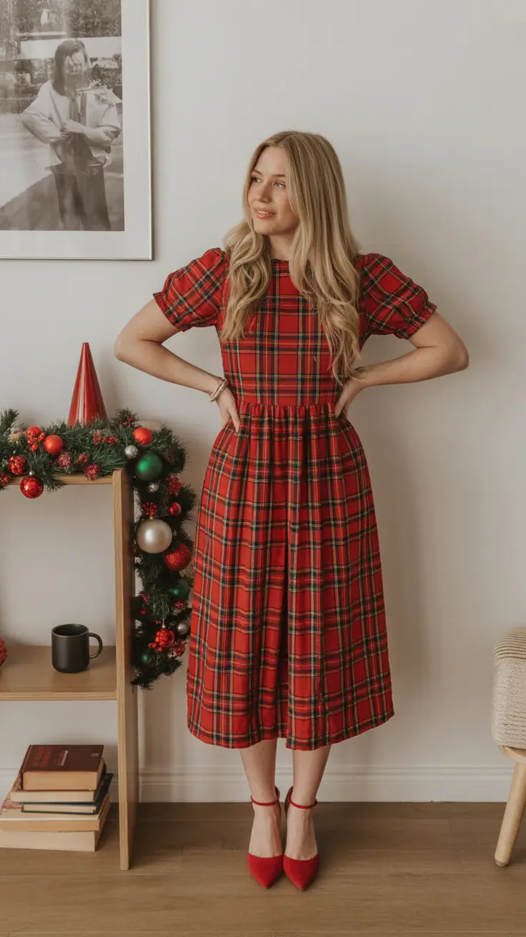 Best Christmas Party outfits 2025 - Heritage Tartan Midi With Sweet Sleeves