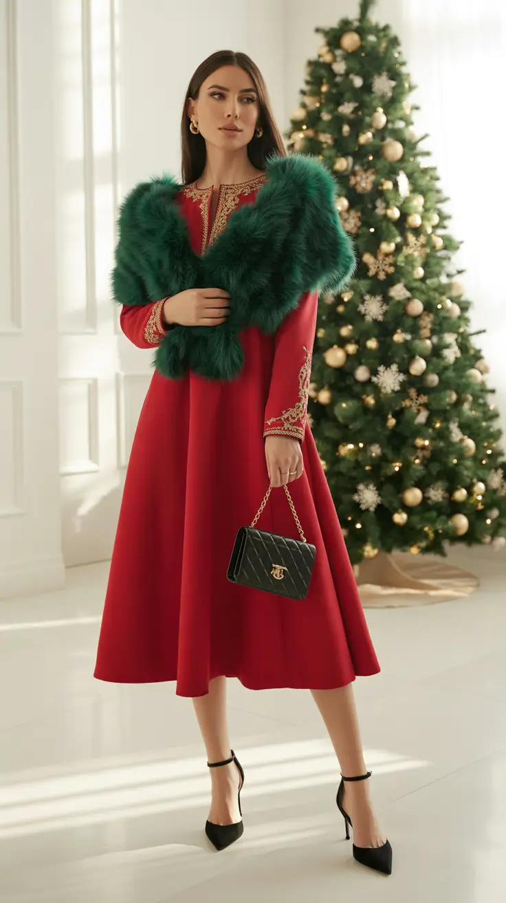Best Christmas Party outfits 2025 - Regal Red Midi With Emerald Stole