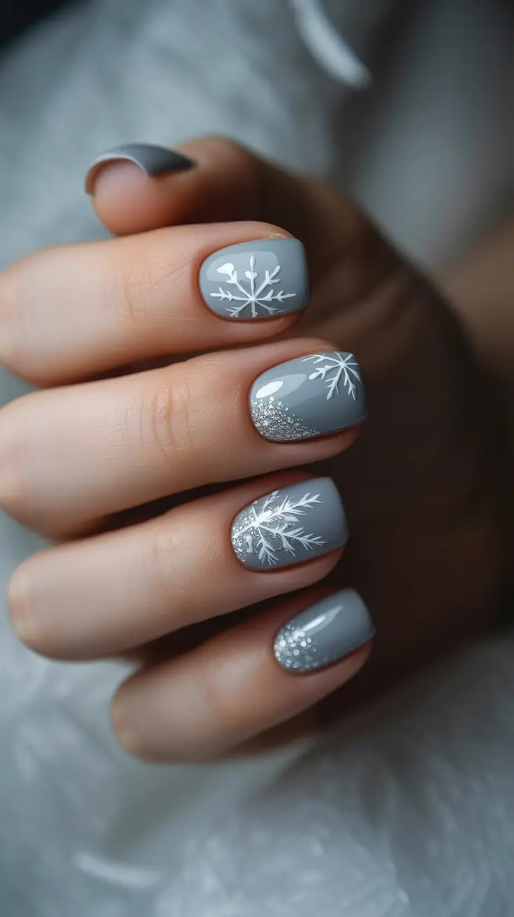 Classy Winter Nails 2025-2026 - Soft Dove Grey With Snowflake Whispers