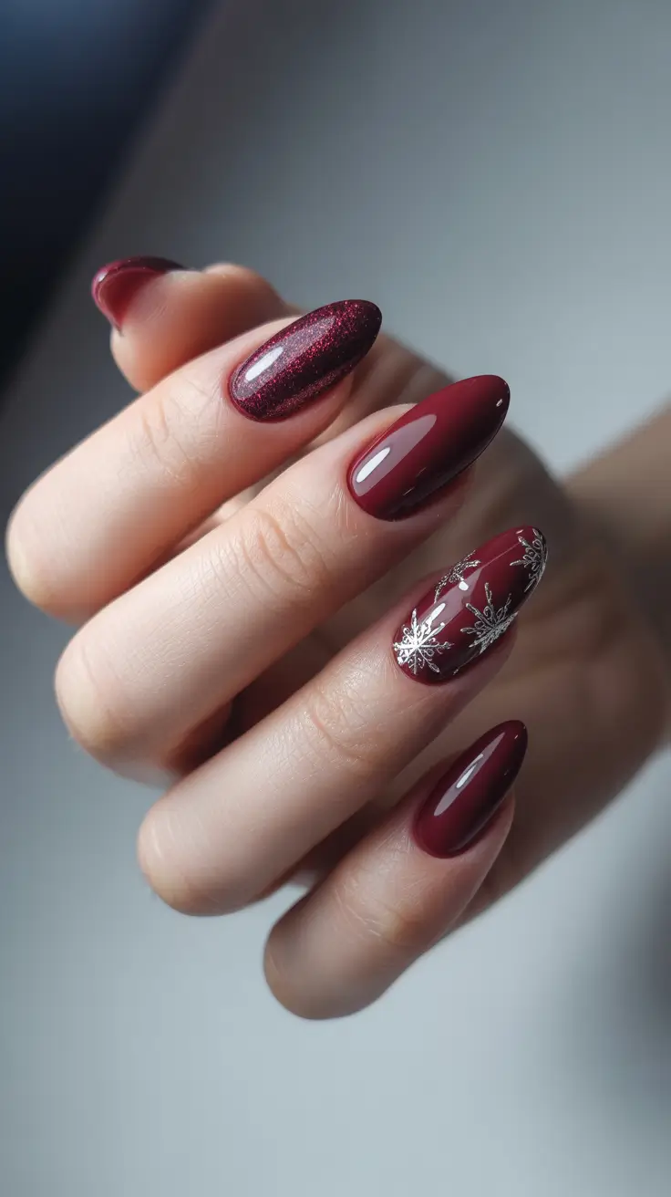 Classy Winter Nails 2025-2026 - Deep Merlot Almonds with Micro-Glitter Accent