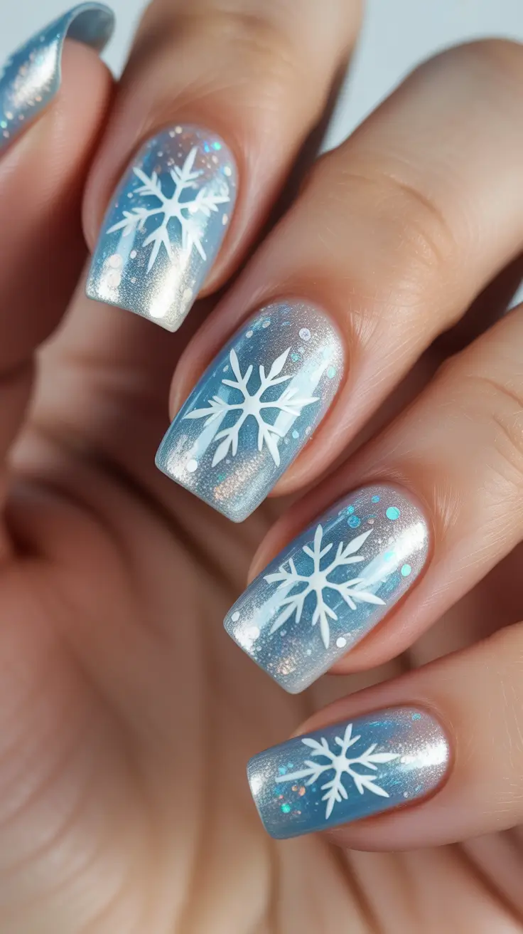Classy Winter Nails 2025-2026 - Shimmer-Iced Blue Squares With Bold Snowflakes