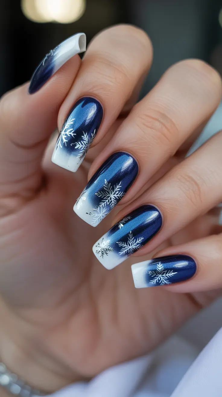 Classy Winter Nails 2025-2026 - Midnight Ombre French With Silver-Flake Accents