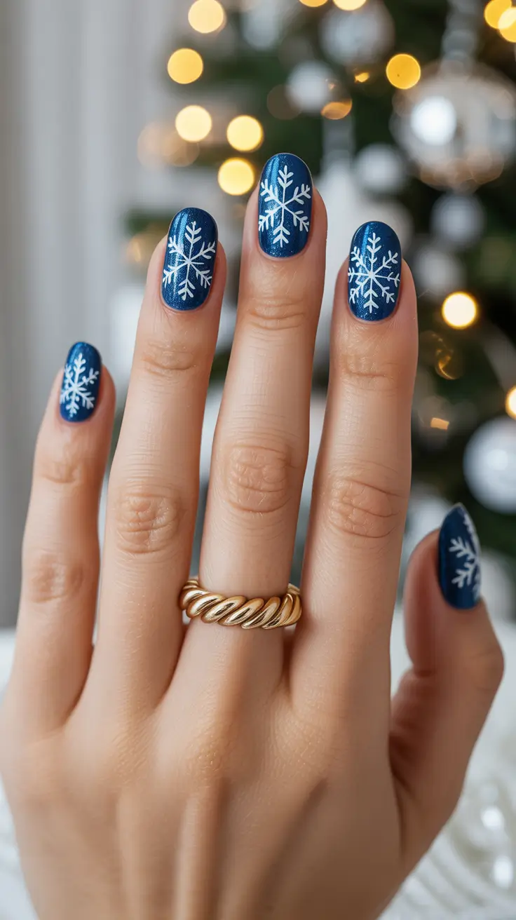 Classy Winter Nails 2025-2026 - Navy Sprinkle Snow on Soft Ovals