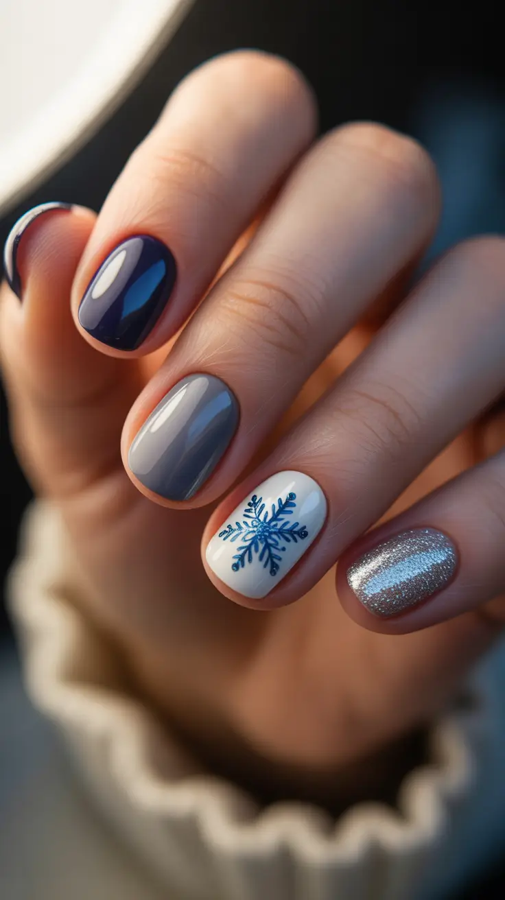 Classy Winter Nails 2025-2026 - Mixed-Metal Snowflake Accent on Short Ovals