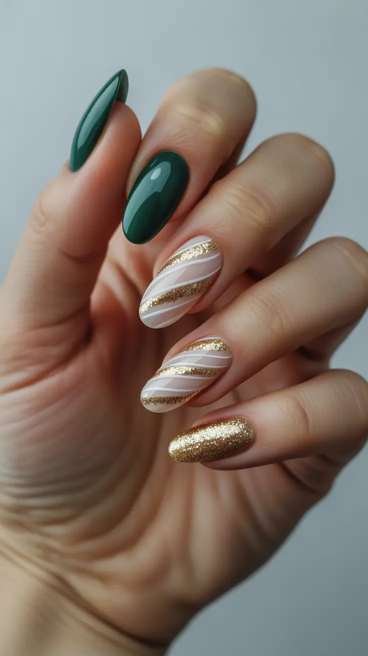 Classy Winter Nails 2025-2026 - Emerald Velvet with Champagne Ribbon Swirls