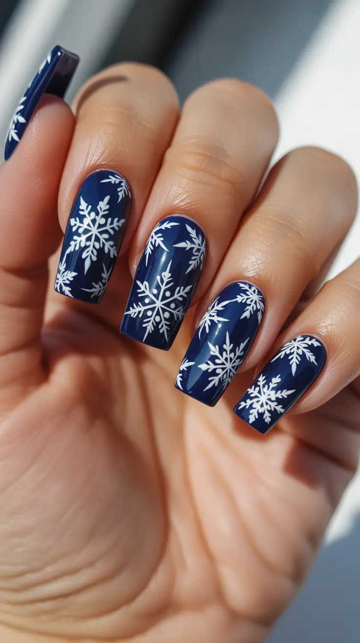 Classy Winter Nails 2025-2026 - Midnight Navy Snowflakes On Sleek Square Tips