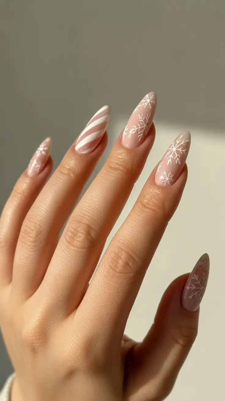 Classy Winter Nails 2025-2026 - Milk-Pink Almonds with Frosted Linework