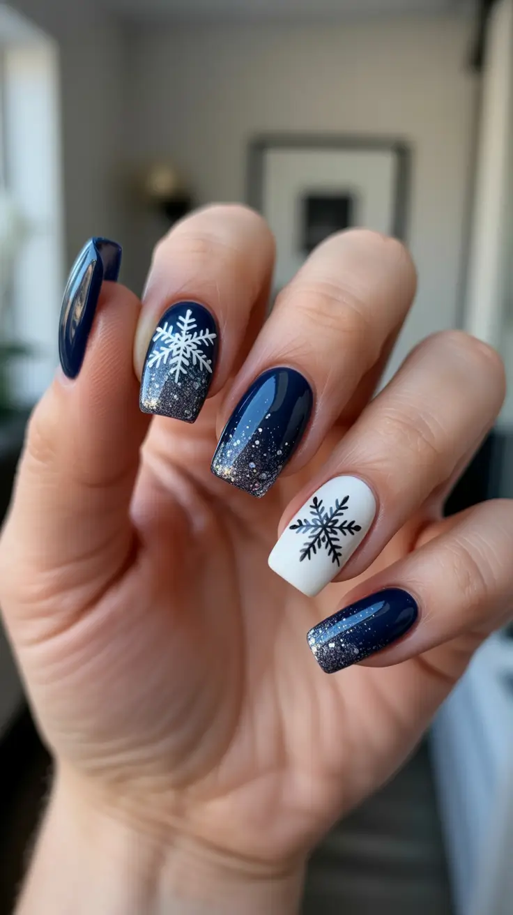 Classy Winter Nails 2025-2026 - Starry Navy Gradient With Clean Snowflake Accent