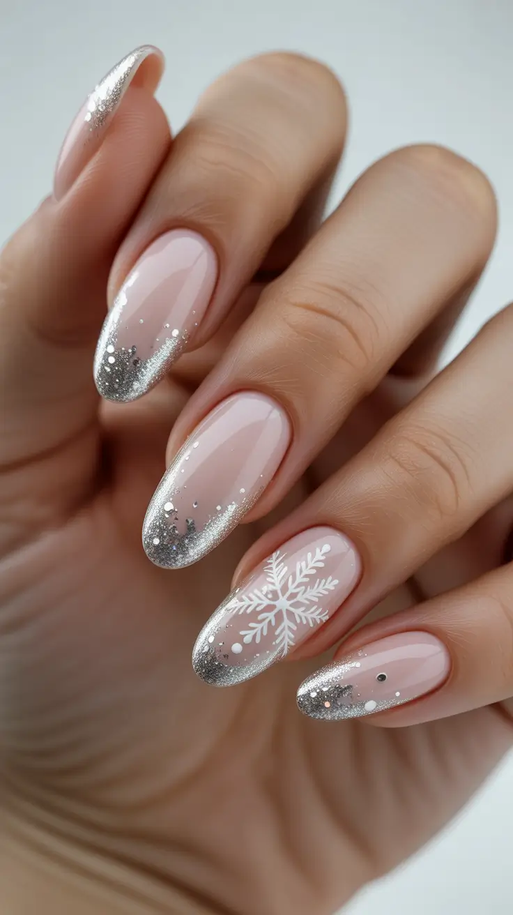 Classy Winter Nails 2025-2026 - Silver Frost French On Blush Almonds