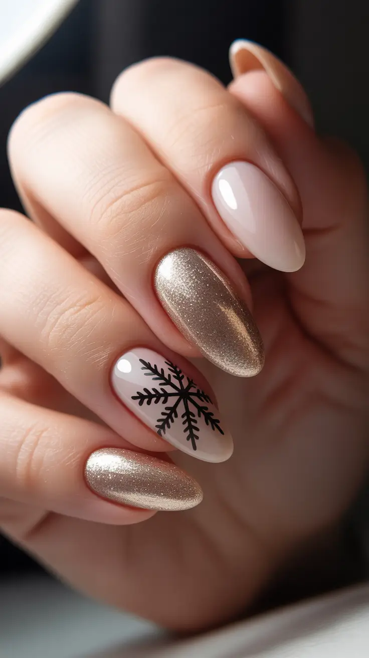 Classy Winter Nails 2025-2026 - Molten Champagne Almonds with Graphic Snowflakes