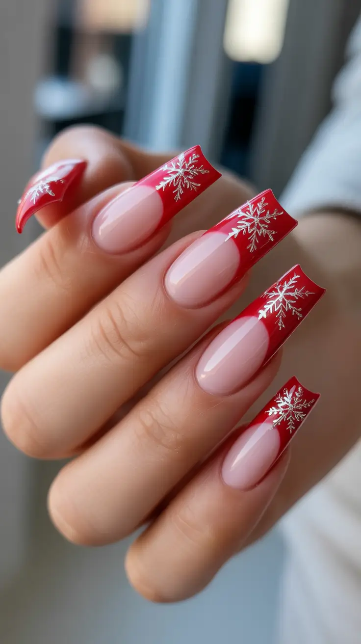 Classy Winter Nails 2025-2026 - Scarlet French Tips with Iced Snowflake Accents