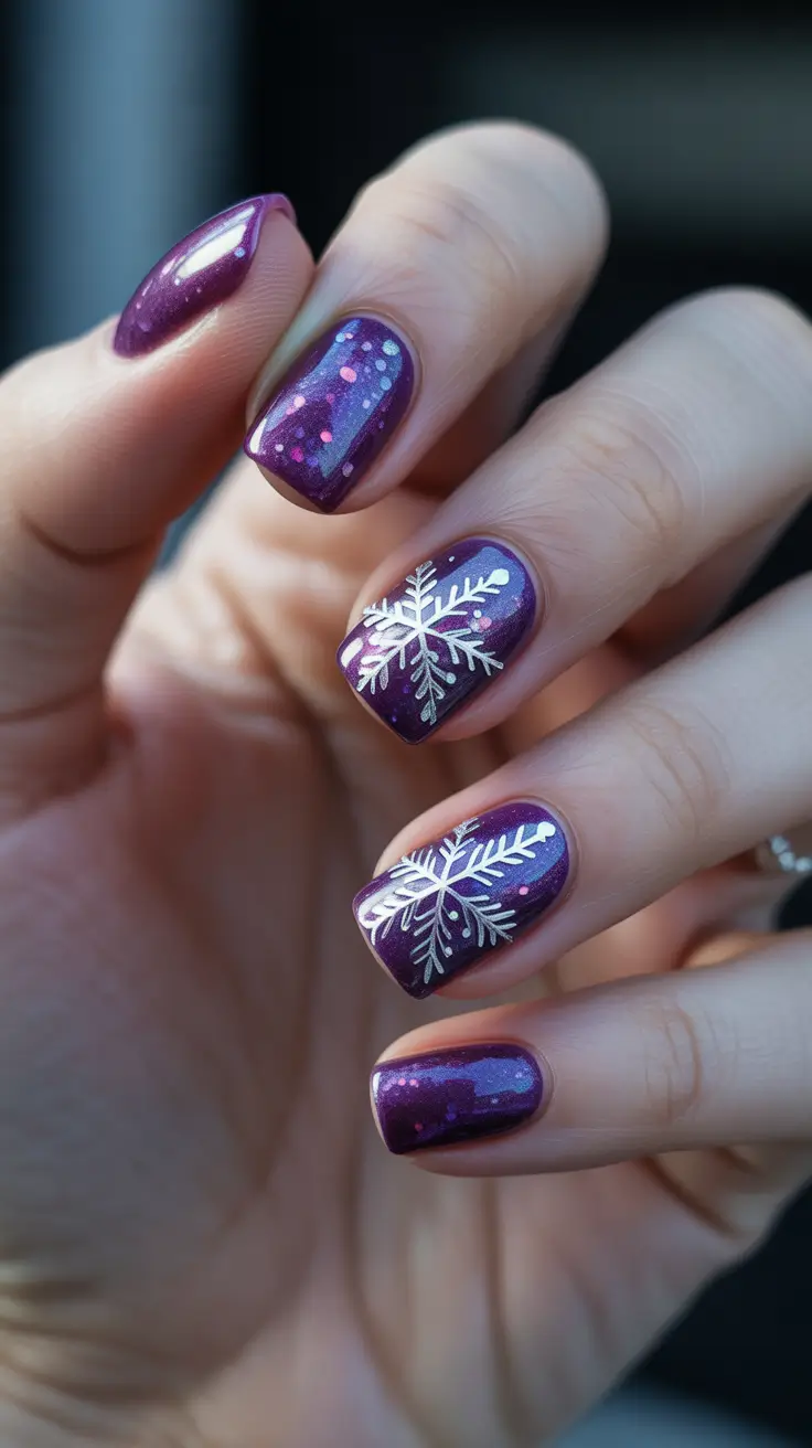 Classy Winter Nails 2025-2026 - Plum Galaxy Shorts with Sleek Snowfall
