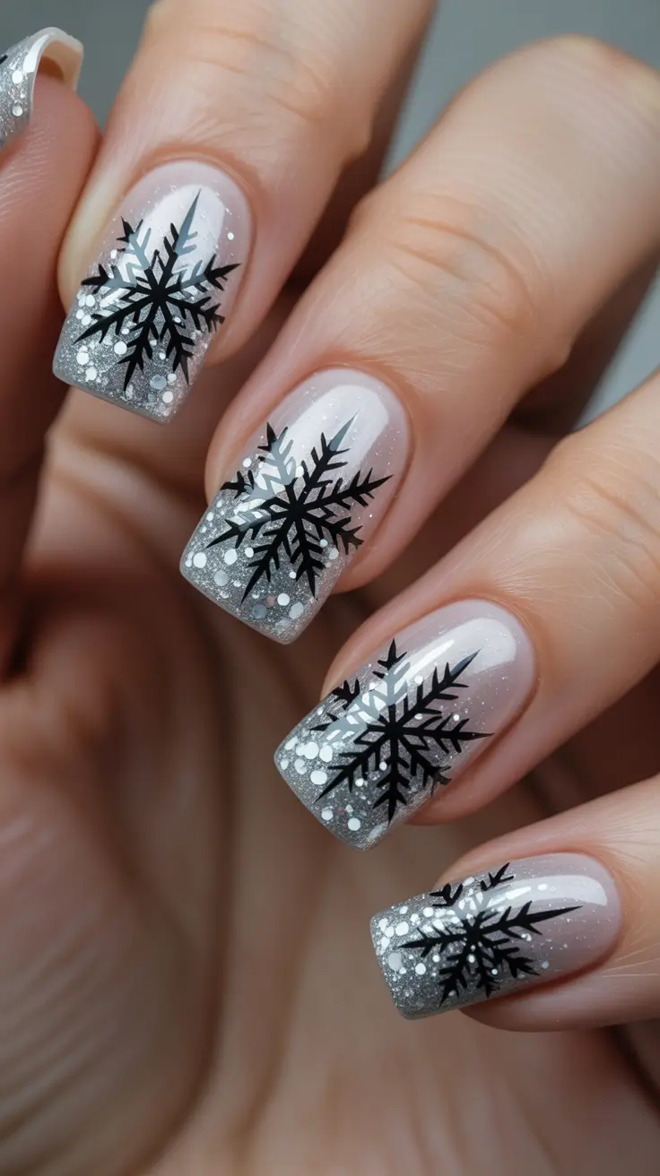 Classy Winter Nails 2025-2026 - Frosted Gradient Squares with Bold Black Flakes