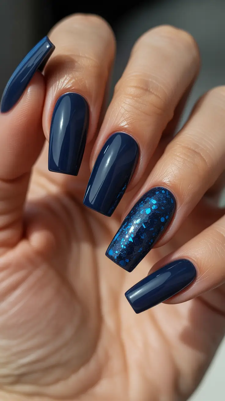 coffin winter 2025 / 2026 nails design and color - Midnight Navy With Galactic Accent