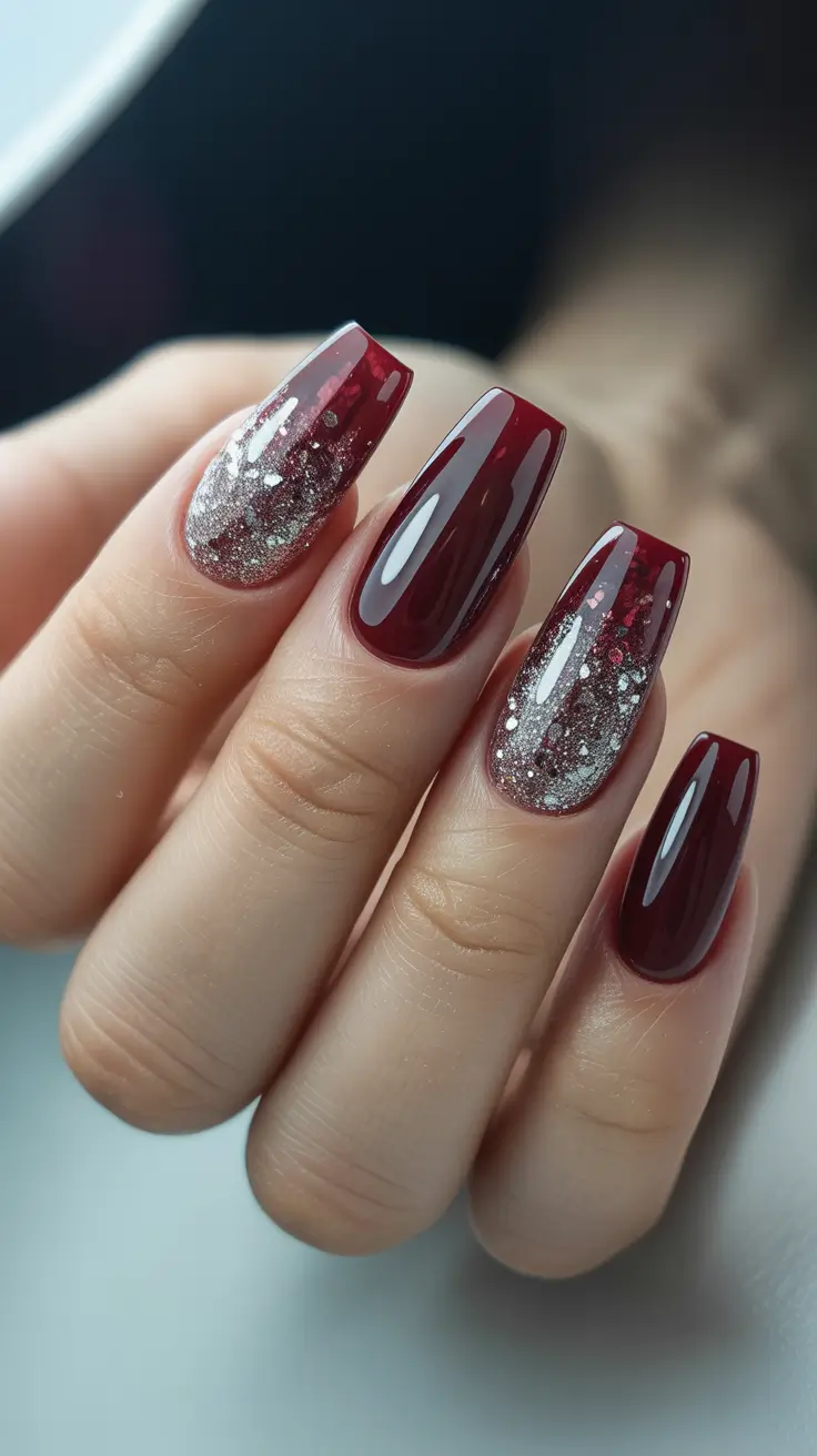 coffin winter 2025 / 2026 nails design and color - Garnet Jelly With Frosted Glitter Fade