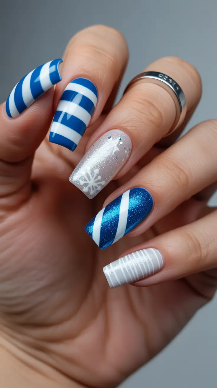 coffin winter 2025 / 2026 nails design and color - Ski-Stripe Mix With Frosted Accents