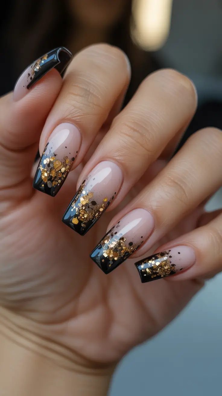 coffin winter 2025 / 2026 nails design and color - Black Tux French With Molten Gold