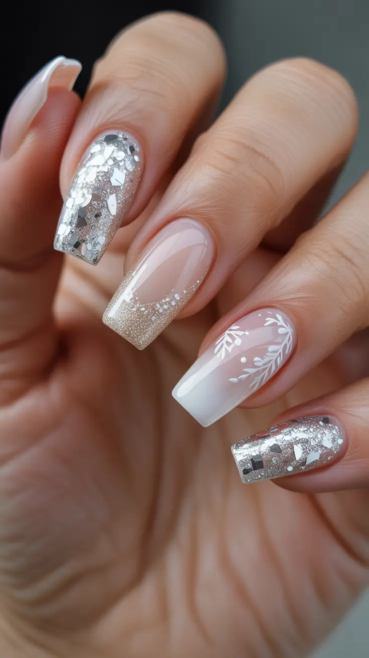 coffin winter 2025 / 2026 nails design and color - Iced Champagne French With Silver Flakes
