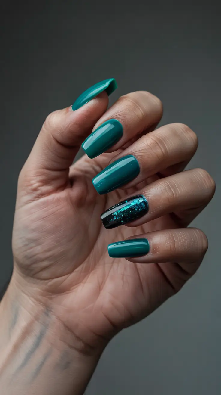 coffin winter 2025 / 2026 nails design and color - Evergreen Teal With Nightfall Accent
