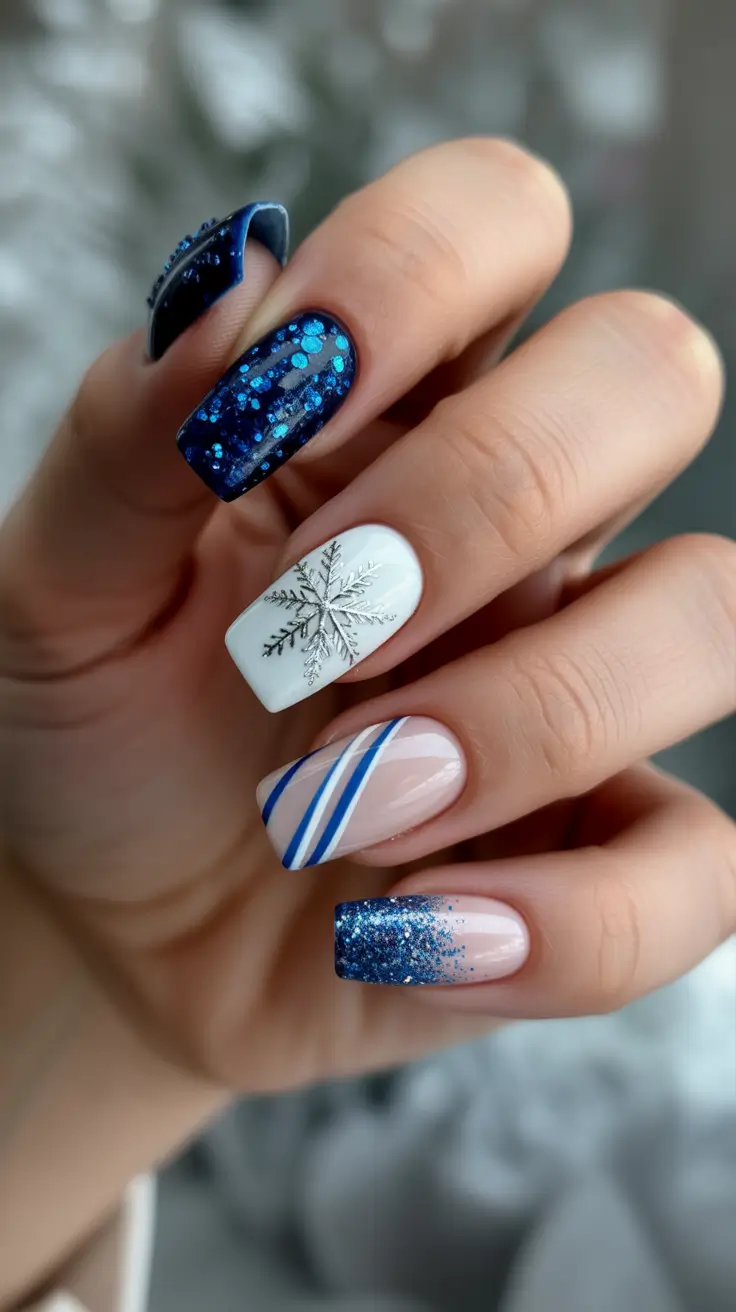 coffin winter 2025 / 2026 nails design and color - Blue Glitter Suite With Snowflake Charm