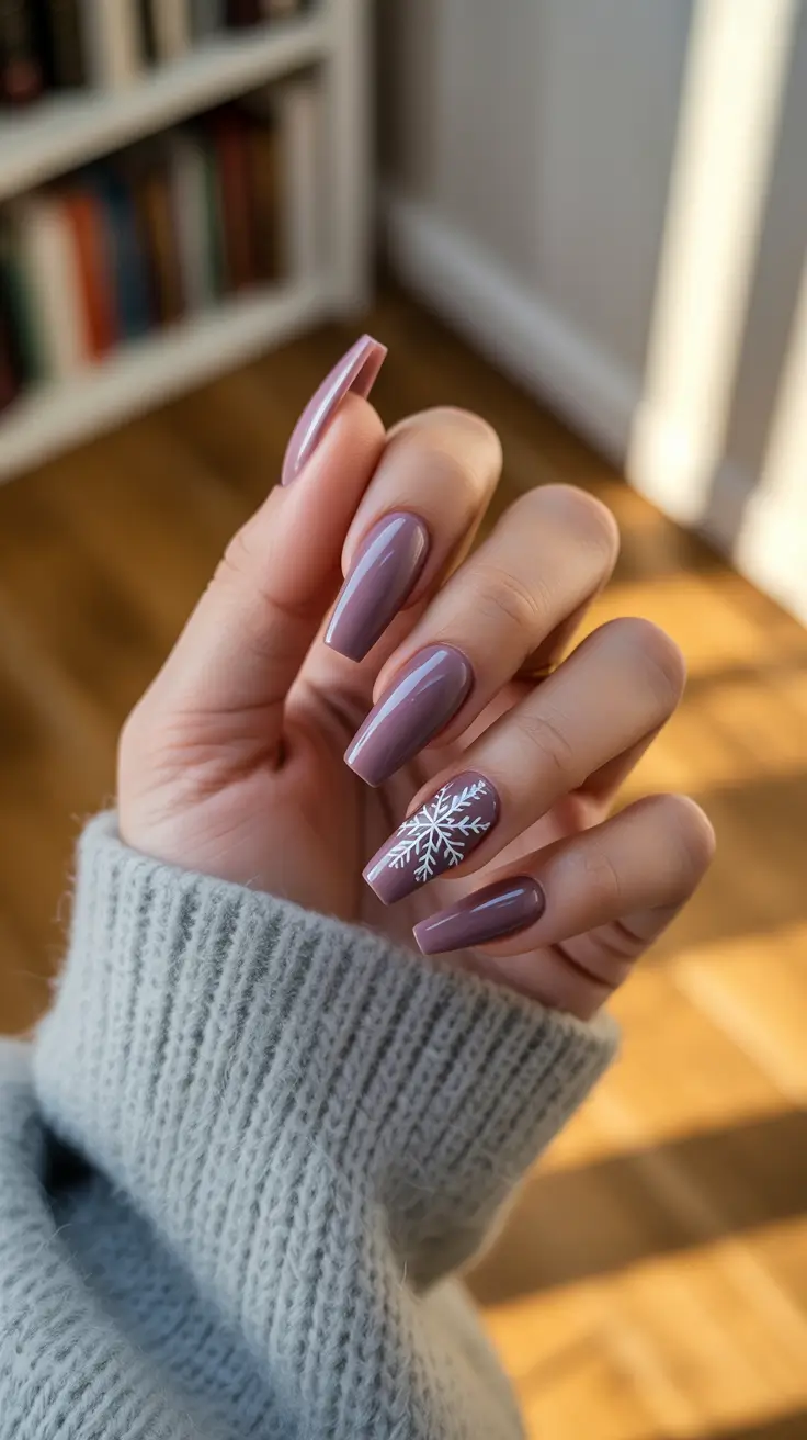 coffin winter 2025 / 2026 nails design and color - Rose-Mauve Cocoa With One Snowflake Accent