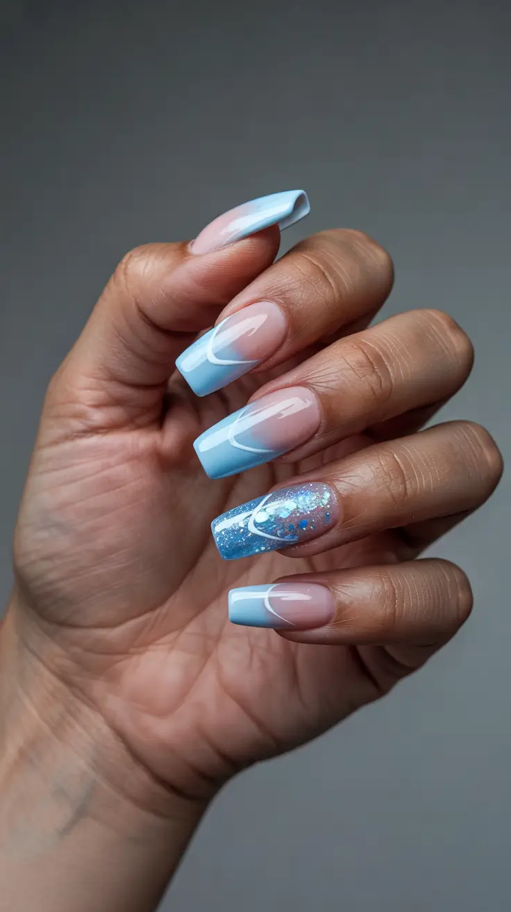 coffin winter 2025 / 2026 nails design and color - Frosted Sky French With Aurora Accent