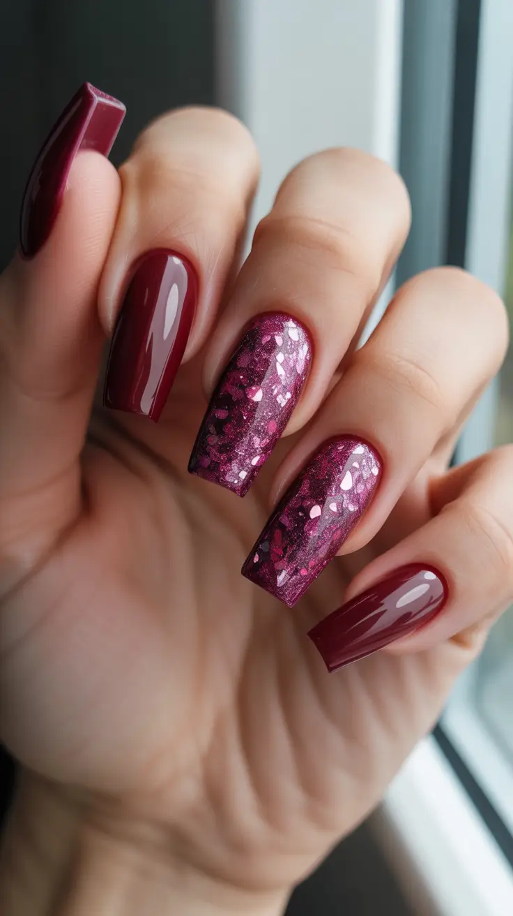 coffin winter 2025 / 2026 nails design and color - Mulled Wine Cream With Raspberry Foil Spark