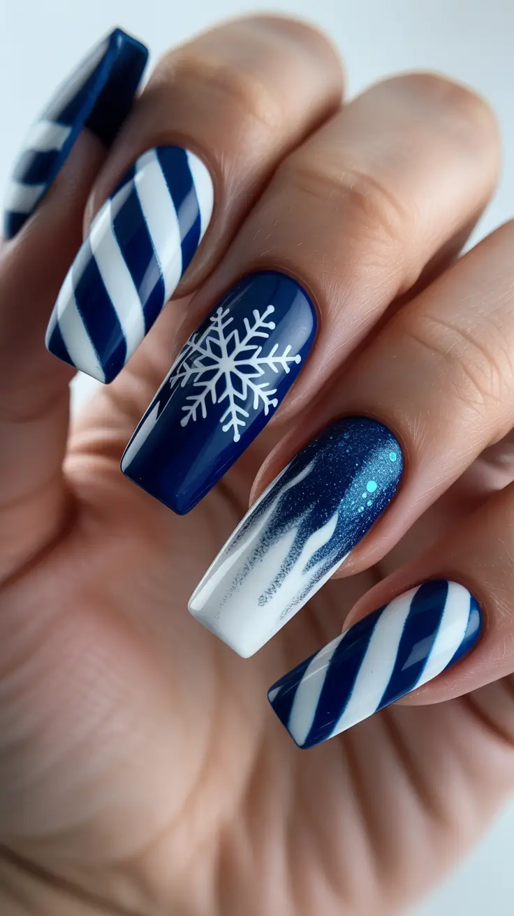 coffin winter 2025 / 2026 nails design and color - Nordic Stripes And Snowflake Pop