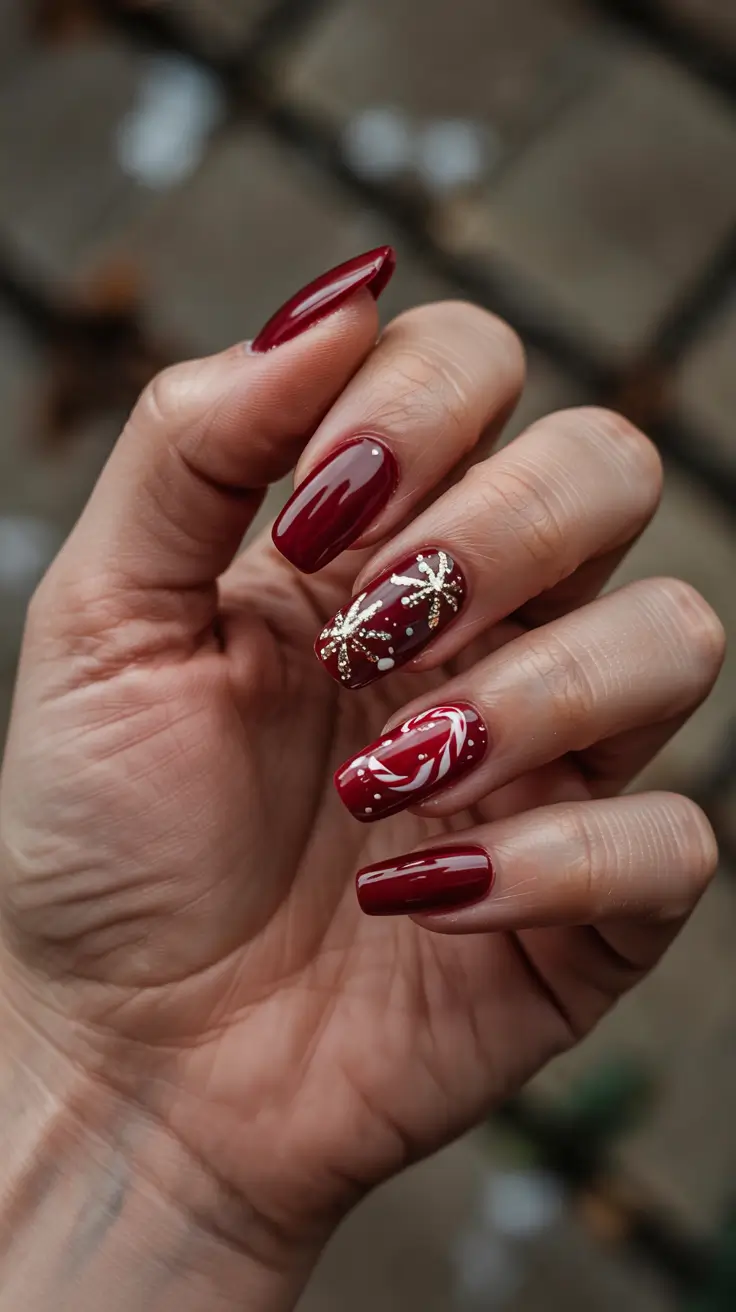 coffin winter 2025 / 2026 nails design and color - Holiday Garnet With Gold Fireworks