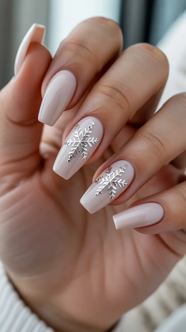 coffin winter 2025 / 2026 nails design and color - Cashmere Nude With Chrome Snowflakes