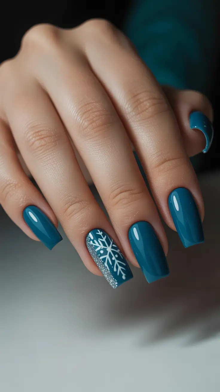 coffin winter 2025 / 2026 nails design and color - Teal Frost With Silver Edge And Flake