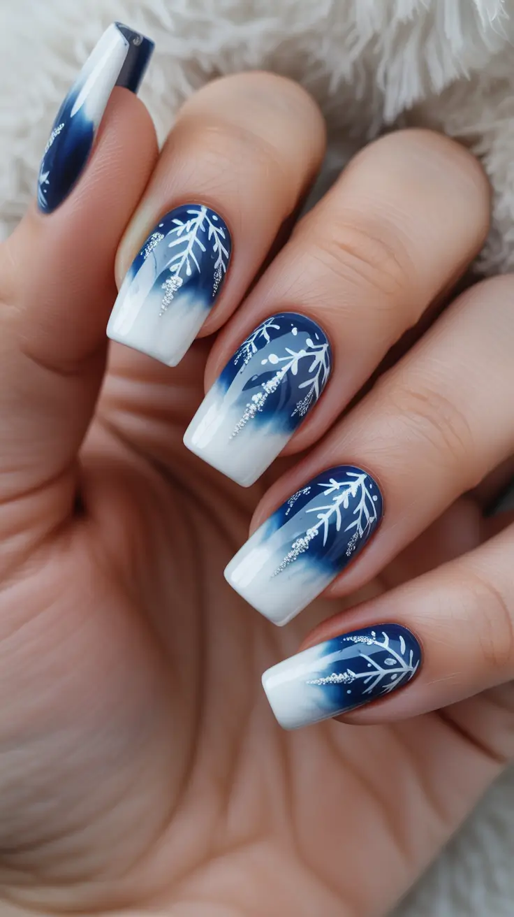 coffin winter 2025 / 2026 nails design and color - Blue-White Fog Ombre With Fine Botanical