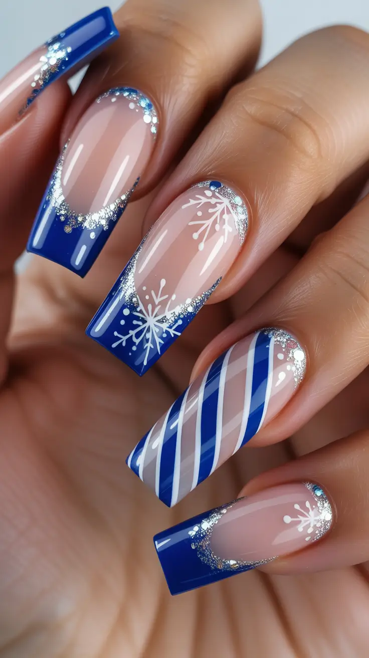 coffin winter 2025 / 2026 nails design and color - Royal French, Silver Halo, And Candy Cane Twist