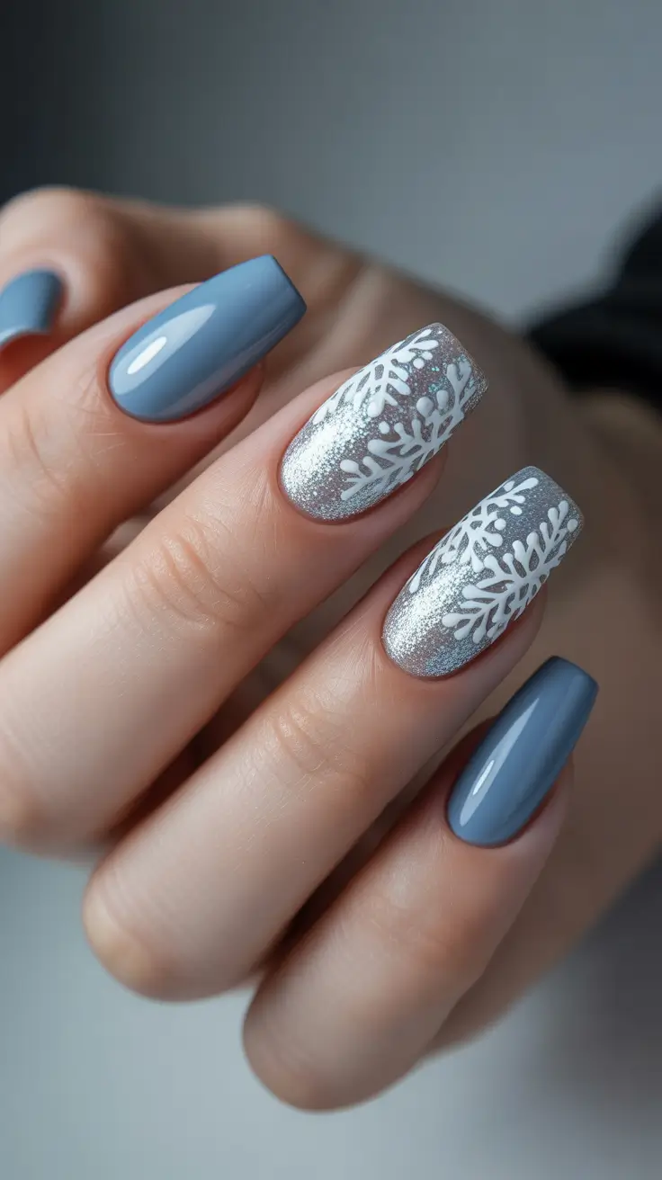 coffin winter 2025 / 2026 nails design and color - Icy Dust With Porcelain Snowflakes