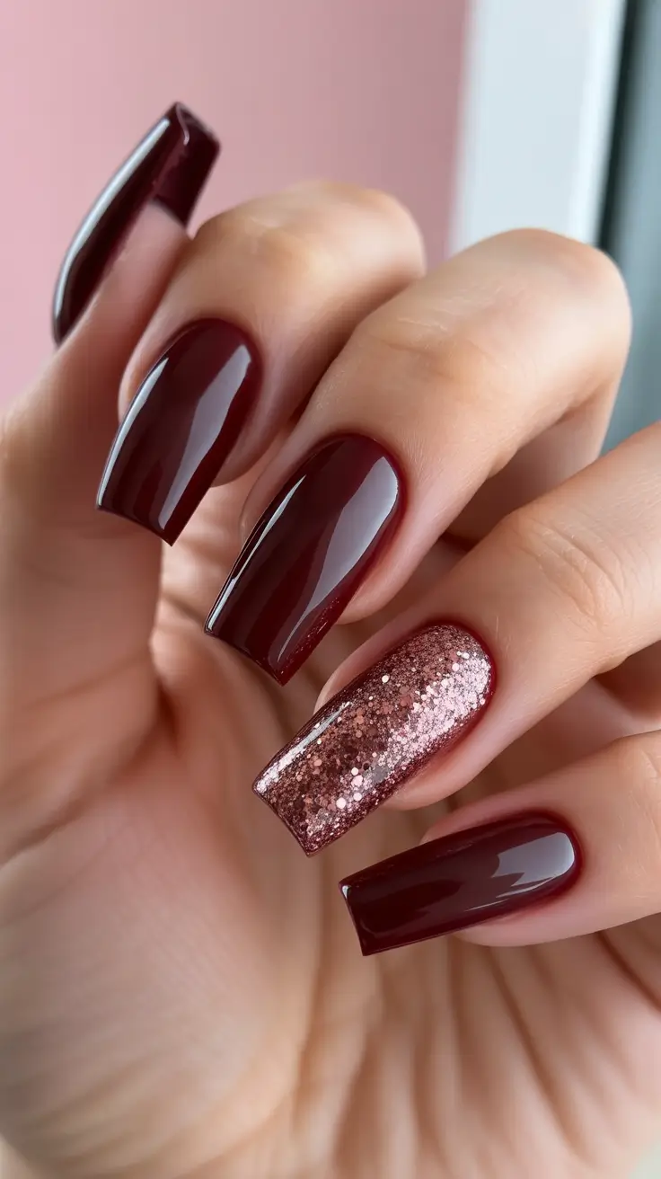 coffin winter 2025 / 2026 nails design and color - Cabernet Gloss With Rose Spark Accent