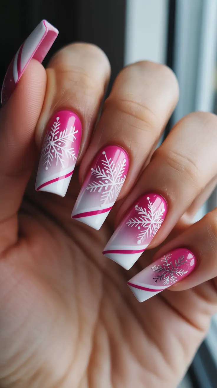 coffin winter 2025 / 2026 nails design and color - Candy-Cane French Ombre With Snowflakes