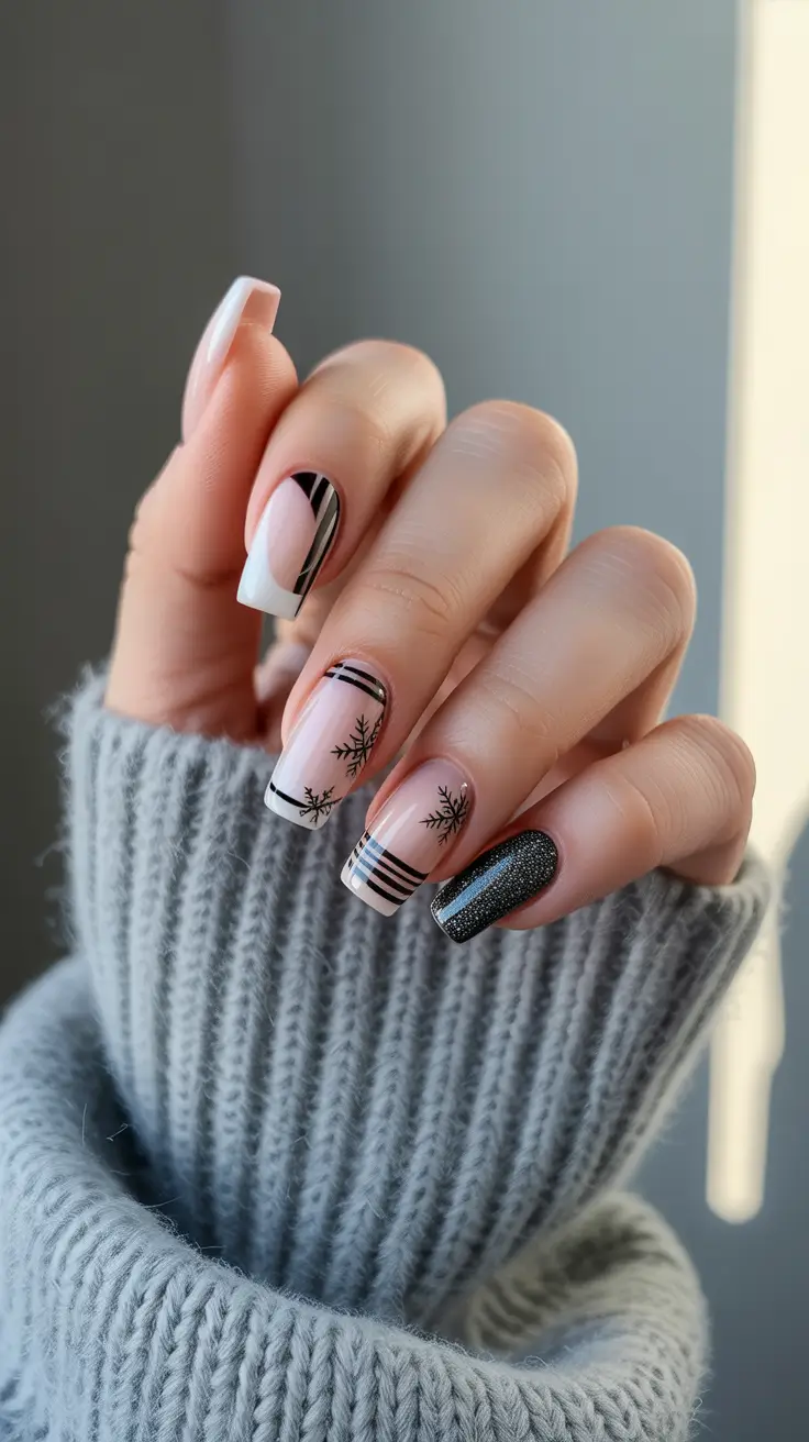 coffin winter 2025 / 2026 nails design and color - Nordic Plaid Neutrals With Micro-Flakes