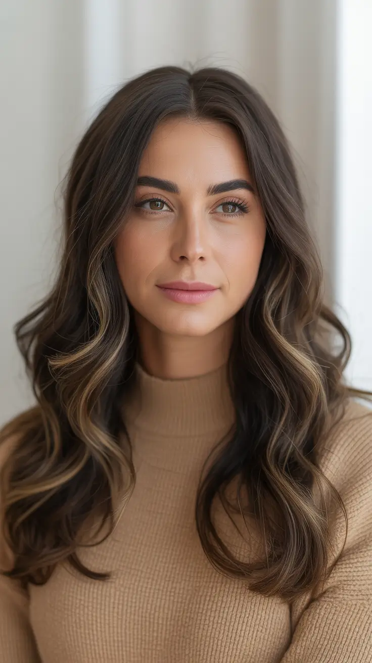 Cute Haircuts for Winter 2025-2026 Long Espresso Waves With Subtle Ribbon Highlights