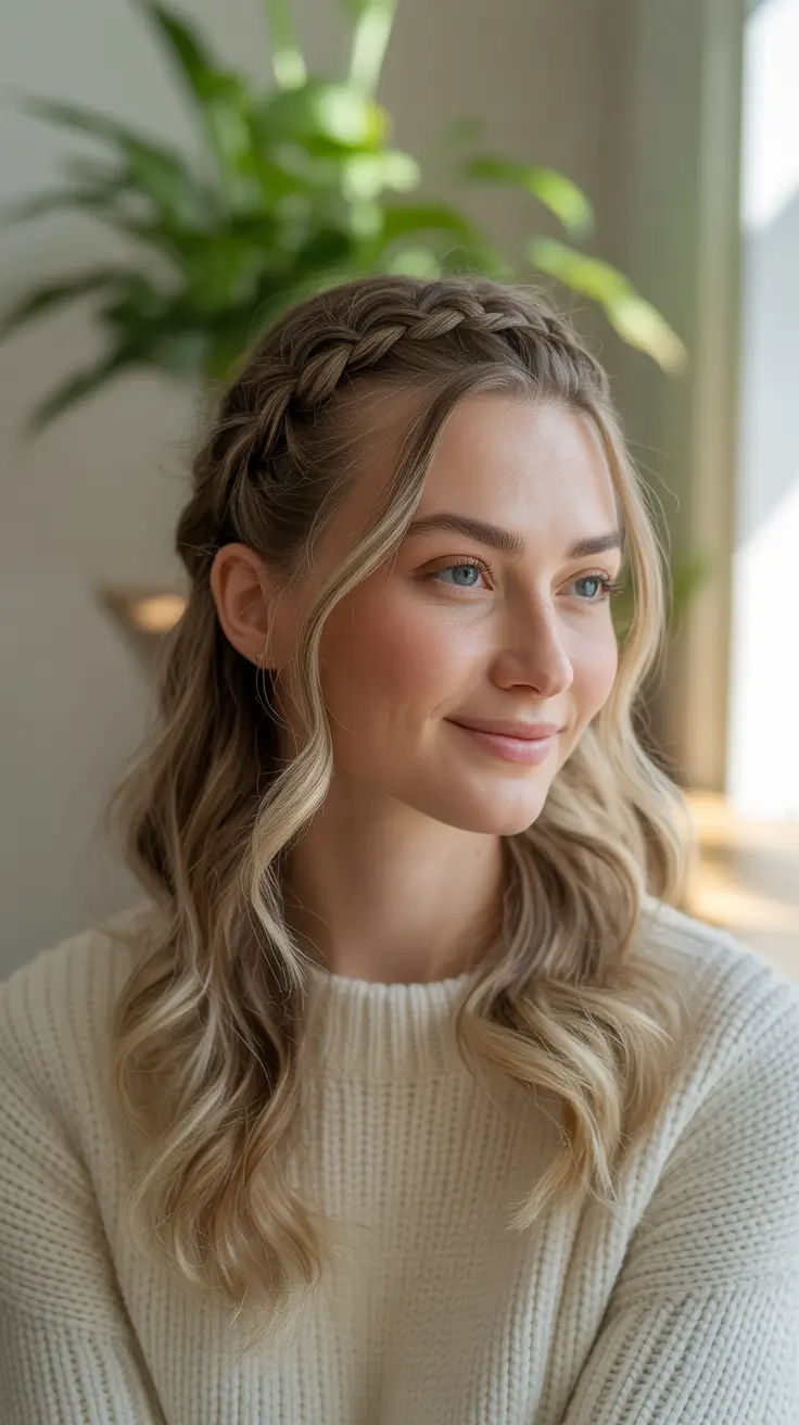 Cute Hairstyle Looks Winter 2025–2026 Half-Up Halo Braid with Soft Ribbon Waves