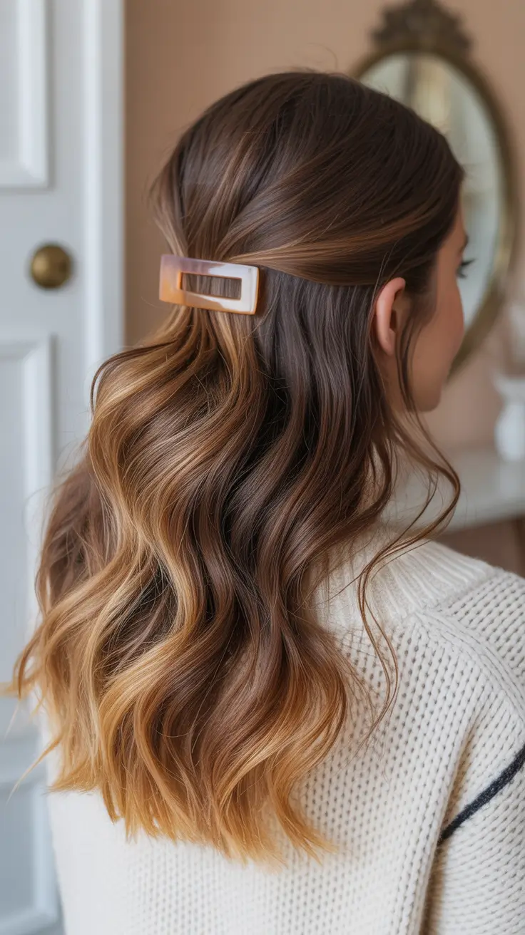 cute winter hairstyles - Half-Up Waves With Minimal Rectangle Clip